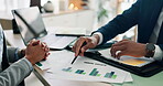 Finance, meeting and statistics with business people in office for advice, consulting or investment. Data, documents and hands of financial advisor with client at work to explain portfolio growth