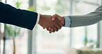 Office, corporate and business people with handshake for meeting, collaboration and welcome. Professional, partnership and hands of workers with gesture for agreement, financial deal and thank you
