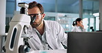 Laptop, science and man on microscope with chemical for medical experiment in lab at night. Chemistry, biotechnology and scientist with sample in glass beaker for research, test or cure development