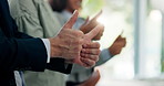 Hands, thumbs up and business people at meeting, group and icon for success, agreement or goals. Team, staff and sign for yes, thank you and celebration for achievement with profit at finance agency