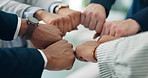 Hands, fist and circle in office with team, business people and support with link, power and solidarity. Employees, group and staff with connection, synergy and motivation for job at financial agency