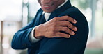 Accident, hand and shoulder pain with business person in office for massage or relief closeup. Fatigue, injury or tendinitis and corporate employee in workplace with inflammation or muscle swelling
