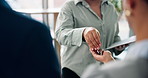New home, real estate agent and people with keys for property, apartment and purchase agreement. Homeowner, moving and hands of couple and realtor with documents for mortgage, buying and investment