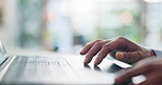 Hands, scroll and woman in office, keyboard and laptop with creative writing, research for article and feedback. Closeup, person and journalist with pc, email and deadline for news report and review