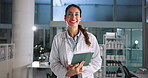 Laboratory, scientist or face of woman with tablet for clinical trial, medical research or pharmaceutical development. Science expert, night and laughing with digital tech for test results feedback