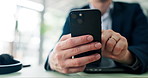 Business man, hands or scroll with phone in office for online database search or check research information. Call center agent, closeup or smartphone for text message, checking notifications or break