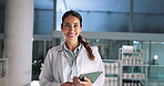 Smile, scientist and face of woman with tablet in laboratory for biotech study, medical research and progress report. Science expert, night and laughing with digital tech for test results feedback