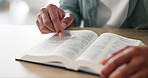 Worship, hands and man with bible in home for religion study, reading or spiritual journey. Hope, gratitude and male person with scripture for peace, faith or guidance prayer in living room at home.