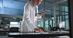 Research, scientist or interactive display for medical breakthrough, clinical trial or discovery. Night, woman and tablet for checking science on technology for vaccine study, cure or dna development