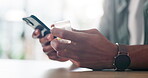 Hands, medication and phone with person in home to research dosage information or side effects. Bottle, healthcare and medical with instructions on chronic medicine container for safety or warning