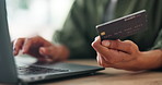 Home, hands and woman with credit card, laptop and ecommerce with online shopping. Person, closeup or consumer with computer, internet or digital banking with payment, purchase or buying with fintech