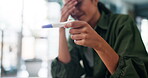 Pregnancy test, unhappy or stress with woman in home for reaction to negative fertility result. Disappointed, fail and ivf with upset or worried person in bathroom of apartment for maternity