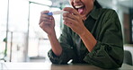 Hands, excited and woman with pregnancy test, results and happy for baby in living room or good news. Wow, motherhood and person with infertility issues in home, surprised or joy for family in lounge