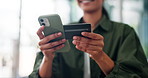 Home, hands or woman with credit card, smartphone or digital banking with online shopping. Person, closeup or consumer with cellphone, internet or fintech with payment, purchase or budget for savings