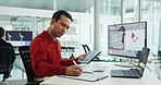 Business, tablet and man writing in office with map for wind turbine, scroll and renewable research notes. Screen, worker and global planning on technology, sustainable data or clean energy analyst
