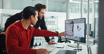 Sustainability, men and business people in office, computer and teamwork with experiment results. Employees, coworking and climate change with discussion, pc and research for wind turbine or planning