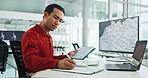 Writing notes, business and man on tablet in office with map for wind turbine, clipboard or renewable research ideas. Computer screen, worker and global planning, sustainable or clean energy engineer