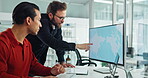 Renewable energy, computer and teamwork with business people and windmill for planning, innovation and solution. Wind turbine project, sustainability and eco friendly research with employee for power