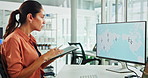 Office, businesswoman or computer with tablet for map, location or information for scroll research. Tech, mature person or project manager with screen for windmill production, global change or review