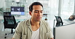 Wind engineer, computer and man in office for turbine design, renewable research or creative development. Technology, worker and planning for sustainable project, clean energy and problem solving