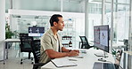 Windmill engineer, computer and man in office for typing design, global research or creative startup. Screen, worker planning or sustainability, turbine data or clean energy analyst with map location