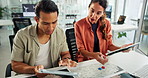 People, map and tablet with discussion at office with planning, pin or location for renewable energy plant. Woman, man and application for environment, strategy or sustainable power at climate agency