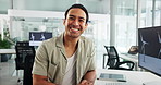 Man, windmill engineer and face in office for about us, project management or happy for renewable energy. Designer, computer or pride in agency for wind turbine development or excited for opportunity