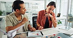 Business people, map and windmill for sustainability at office with planning, graphs and pin location for wind farm. Woman, man and talk with charts, discussion and clean power at climate agency