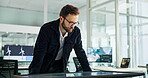 Business, man and check on interactive display in office of global selection, location and wind turbine project. Person, worldwide screen and sustainable planning, windmill production and site choice