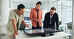 Business, people and meeting with interactive display in office for global ideas, location and wind turbine. Staff, explain project and sustainable planning, windmill production and worldwide change