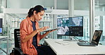 Electricity, sustainability and business woman on computer for innovation, power development or renewable energy. Engineer, office and person with wind turbine for farm, climate change and planning