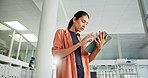 Tablet, research and woman in office for email with sustainable report for agriculture management. Digital technology, contact and female environmental consultant with online review for company.