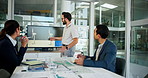Presentation, meeting and man with business people with windmill for sustainability, innovation and renewable energy. Climate change, office and workers with wind turbine for electricity production