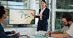 Business woman, presentation and map on screen for marketing geography, advertising and demographics. Global, meeting and team speaker, discussion or location campaign for target market in office