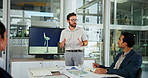Presentation, business people and man with windmill in office for sustainability, innovation and renewable energy. Climate change, power farm and workers with wind turbine for electricity production