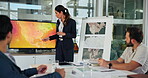 Global, map and business woman in presentation with turbine location, renewable source or power grid connection. Clean energy, wind farm engineer and discussion with team for windmill speed direction