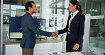 Handshake, meeting and welcome with business people in office boardroom for agreement or deal. B2B, success and thank you with employee people shaking hands in workplace for contract or partnership