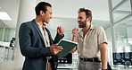 Office, smile and colleagues with fist pump, celebration and happy for success of project or collaboration. Excited, men and gesture for achievement in business, review or people with tablet for work