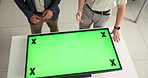Hands, business people and green screen with interactive display, planning or discussion with tracking markers. Person, partnership and user experience with mockup space for review at creative agency