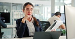 Woman, notes and thinking at computer for science, research and neurotechnology study. Mature engineer, clipboard and typing in office for healthcare innovation, writing or developing AI brain system