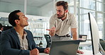Laptop, training and business men in office for advice, feedback and help with drugs sales. Team, computer and mentor coaching intern in pharmaceutical company for discussion, planning and meeting