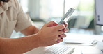 Business, hands and man in office, cellphone and communication with social media, copywriting and scroll. Person, closeup and journalist with smartphone, message and digital app for email and contact