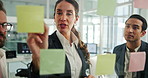 Woman, sticky note and writing on glass wall with team, planning and mind map for problem solving at startup. People, leader and group by board for review, talk and strategy for solution at company