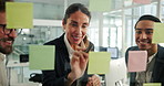 Woman, sticky note and happy by glass with team, planning or mind map for problem solving at startup. People, leader and smile with group by board for review, talk or strategy for solution at company