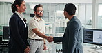 Shaking hands, business people and happy for meeting at office for deal at pharmaceutical company. Woman, men and handshake with welcome, introduction and smile with partnership for production