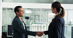 Man, woman and happy for shaking hands at office, meeting and deal at pharmaceutical company. Business people, smile and handshake with welcome, introduction and thank you for production partnership