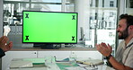 Green screen, clapping and business people in presentation for success, eco friendly project or proposal. Employees, tracking markers or monitor with goal or pitch for renewable energy mockup space
