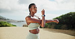 Runner, black woman and stretching arms outdoor for muscle tension reduction, sweating and running challenge. Athlete, tired and recovery routine with breathing, cardio training and fitness in nature