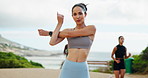 Runner, face and woman with stretching outdoor for running challenge, start workout and cardio performance. Athlete, fitness or arms warm up for muscle strength, race preparation or marathon exercise