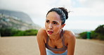Running, fitness and woman with fatigue, outdoor and exhausted by exercise in morning, active and runner. Tired, athlete and person with sportswear on on jog, breathing and workout for wellness